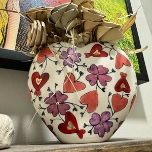 Floral Heart-Shaped Vase with Pink and Purple Accents